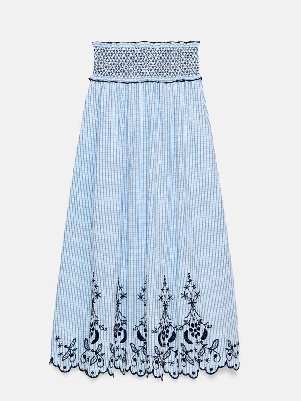 Zara Embroidered Plaid Midi Skirt featuring a smocked waist